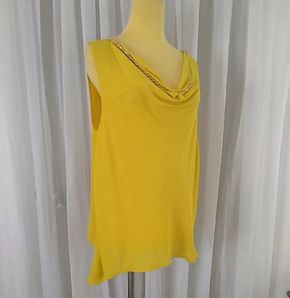 Bold Elements Sheer Summer Blouse Yellow Gold Tone Chain Neckline Size Large
